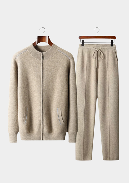 Cashmere Funnel Neck Zip Set, Oatmeal