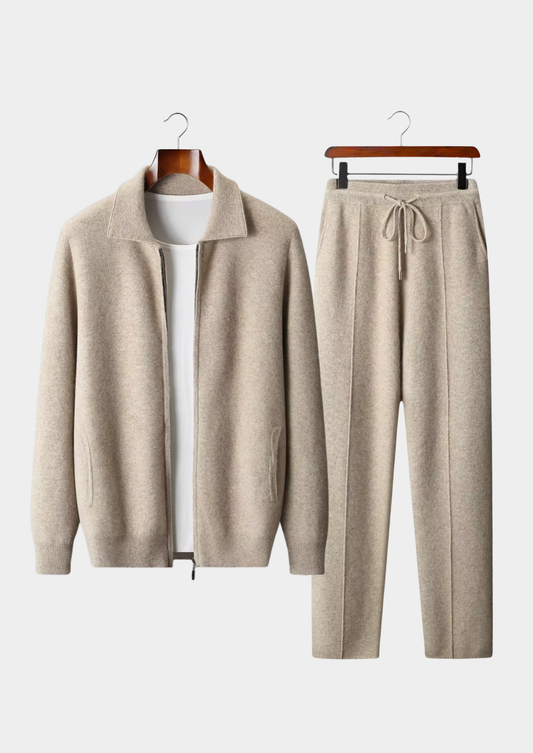 Cashmere Collared Zip Leisure Set, Oatmeal