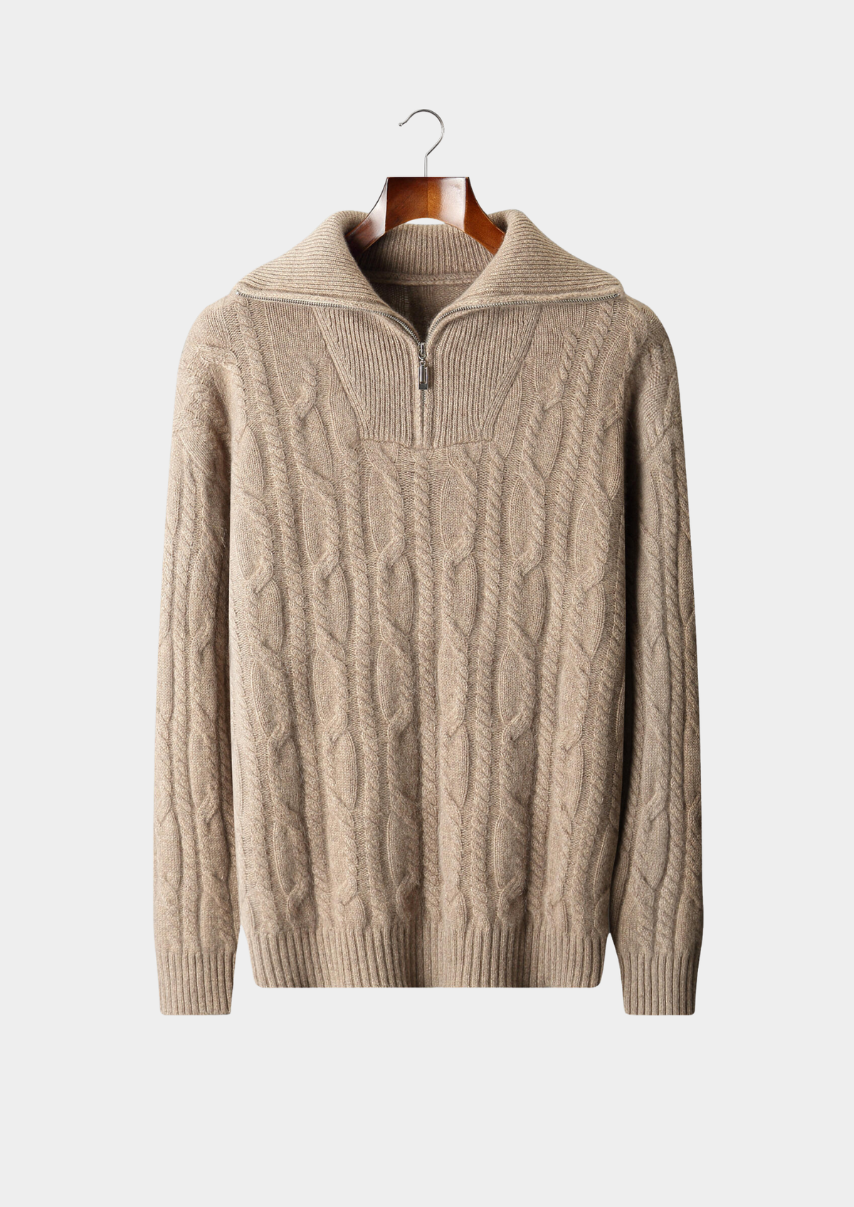 Pure Cashmere Beige Cable Half Zip Sweater