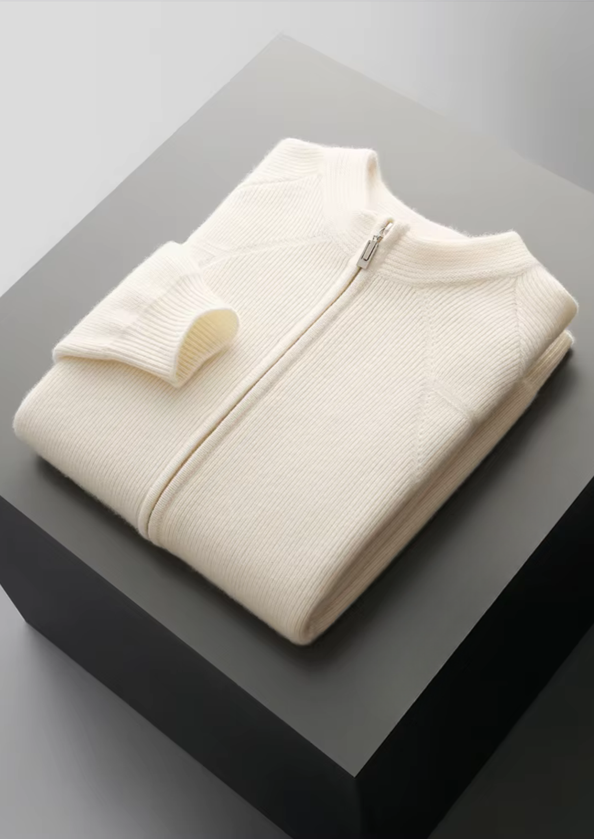 Merino Ribbed Zip Cardigan, Sand & Coffee