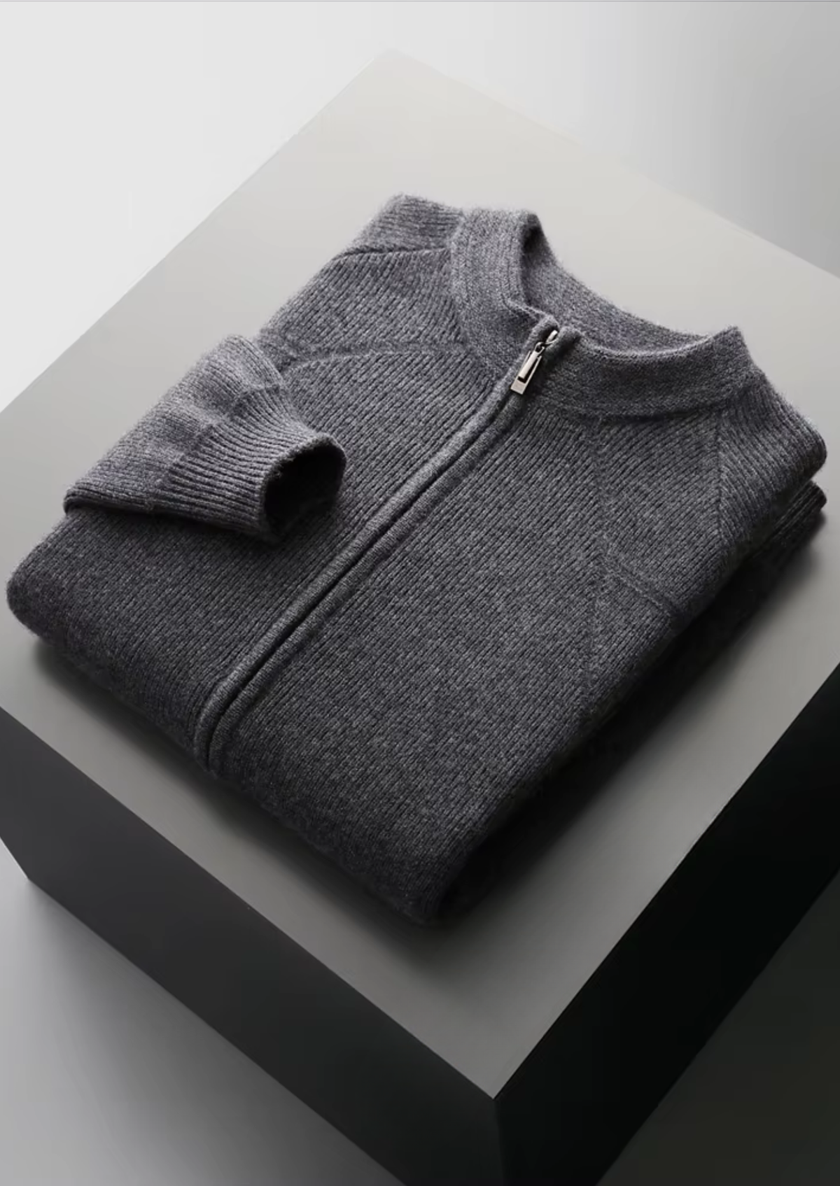Merino Ribbed Zip Cardigan, Grey & Olive - photo 16
