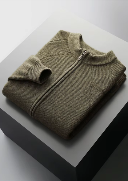 Merino Ribbed Zip Cardigan, Sand & Coffee