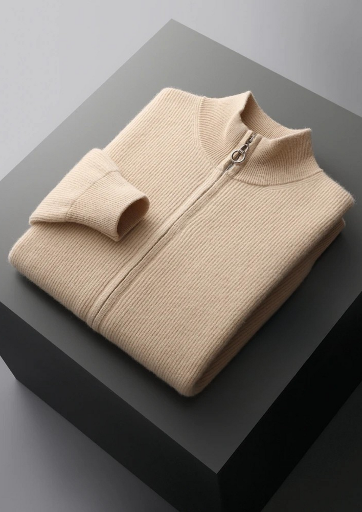 Merino Ribbed Zip Cardigan, Sand & Coffee - photo 6